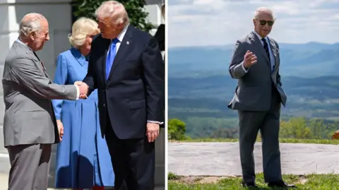 Splitscreen. Left, Trump and Charles shake hands. Right, Charles at Shenandoah National Park.