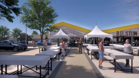 Greig & Stephenson Architects A computer-generated image shows five people standing near white tables in the foreground. In the background, the wavy-shaped canopy is yellow and the word 'Bilston' is below it on the right-hand side.