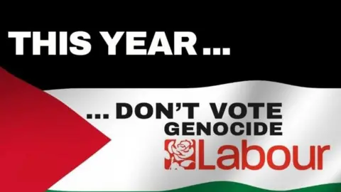 The Workers Party of Britain The Workers Party of Britain campaign flyer says "Don't vote genocide" written next to the Labour Party logo