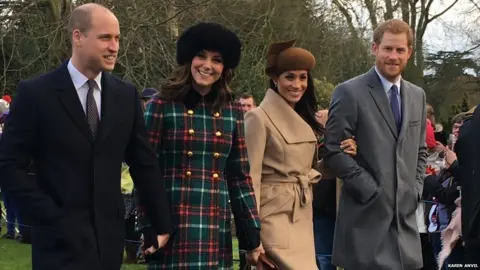 Karen Anvil Duke and Duchess of Cambridge, Prince Harry and Meghan Markle on Christmas Day at Sandringham