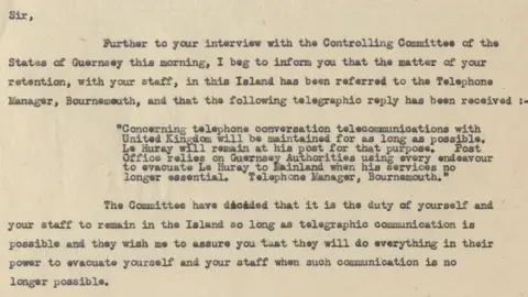 Courtesy of BT Heritage & Archives Letter from Guernsey's controlling committee