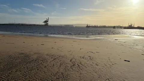 Tees Rivers Trust A stretch of shoreline on the Tees estuary at low tide. There is yellow sand in the foreground and waves lap at the shoreline. There are industrial rigs in the sea on the horizon. 
