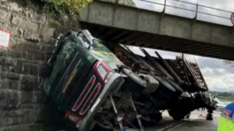 A lorry carrying chopped down trees has overturned and crashed into a railway bridge. It's leaning against the bridge.