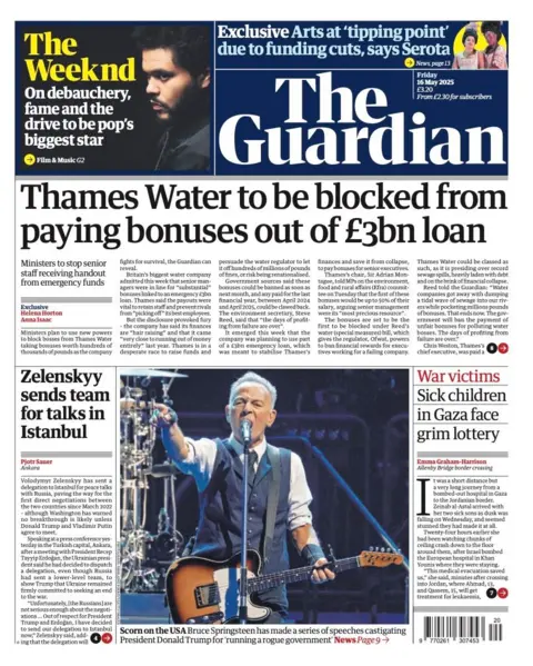 The headline on the front page of the Guardian reads: "Thames Water to be blocked from paying bonuses out of £3bn loan".