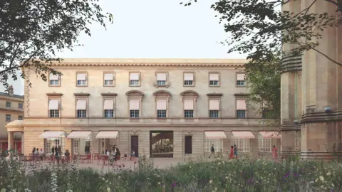 An artist's impression of the new fashion museum in Bath. It is a beige regency building with tables outside and flowers in the foreground.