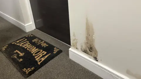 Mould is growing on a white wall next to a door. The mould patch is black and about 50cm long. 