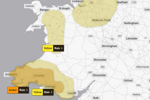 Met Office Weather map showing affected areas across Wales