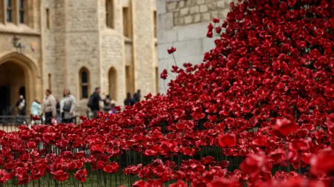 A close-up shot of hundreds of ceramic, bright red poppies positioned in falling wave, with the Tower of London in the background.