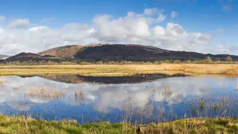 Getty Images A view of the Mersehead nature reserve looking across a pool of water towards a reflected hill in the distance an a day with blue sky and a few clouds