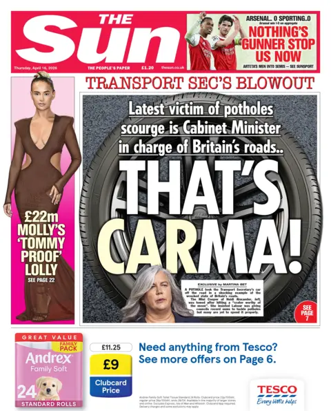 Latest victim of potholes scourge is Cabinet Minister in charge of Britain's roads... That's Carma," reads the headline on the front page of the Sun.