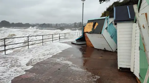 BBC Weather Watchers Damaged beach huts in Paignton