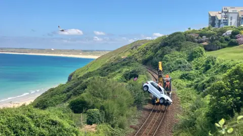 Network Rail A picture of train line. There is a beach and fields in the background. On the train line is a tractor with a car being lifted up. 