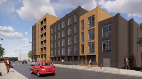 Glenrowan Homes A CGI illustration of what the six-storey apartment blocks could look like. There is a red car and various CGI people walking about