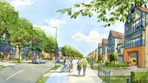 LDRS An artist's impression of a tree-lined street with modern town houses. Resident are walking and cycling in the foreground