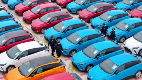 Aerial view of cars in China set to be exported to Europe.