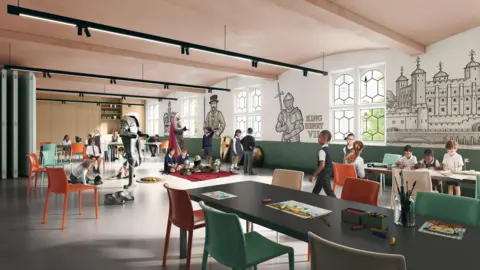 Tower of London CGI of a bright classroom, with tables, chairs, children and images of historic figures
