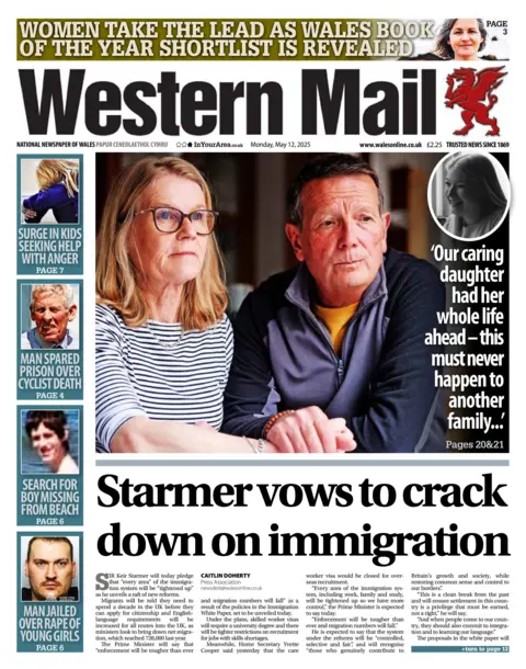 Western Mail Front page of the Western Mail newspaper with the splash headline "Starmer vows to crack down on immigration. At the top of the page is a promotion for the Wales Book Awards. On the left, there are four boxes with the following headlines: "Surge in kids seeking help with anger"; "Man spared prison over cyclist death"; "Search for missing boy from beach"; and "Man jailed over rape of young girls". 