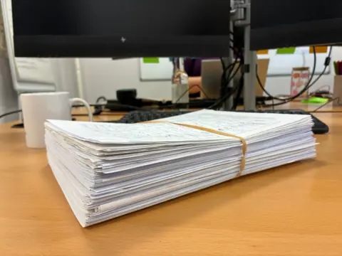A thick stack of A4 sheets held together by an elastic band.