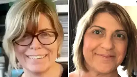 Teacher Liz Hopkin on the left. She has a blonde bob haircut, glasses and a dark jumper and is smiling showing straight white teeth. Fiona Elias on the right shows just her face. She's brunette with highlights to shoulder length hair and closed mouth broad smile that lights up her eyes and causes joyful creases around her mouth