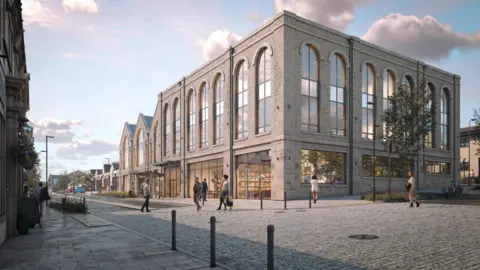 Sheffield Council An artist's impression of a stone building with arched roof and tall windows. There is a pedestrian precinct outside