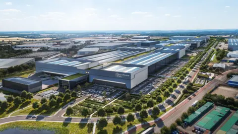 CGI image of industrial buildings and Greenland 