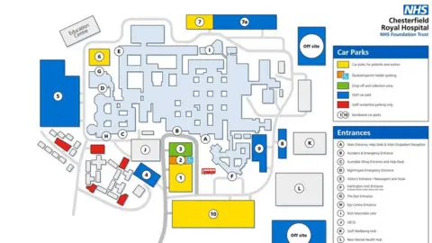 Chesterfield Royal Hospital NHS Foundation Trust A map showing areas where visitors and patients can park at Chesterfield Royal Hospital