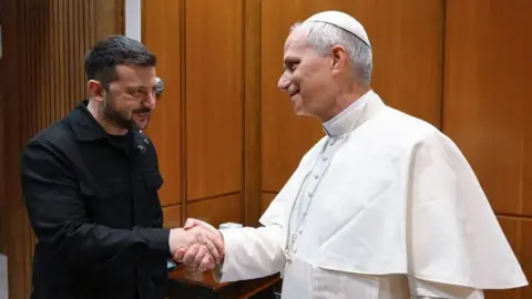 Ukraine's President Volodymyr Zelensky (L) shakes hands with Pope Leon at the Vatican