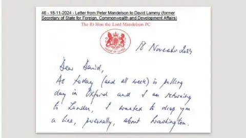 Letter from Lord Mandelson to David Lammy, then foreign secretary, written on House of Lords notepaper. 