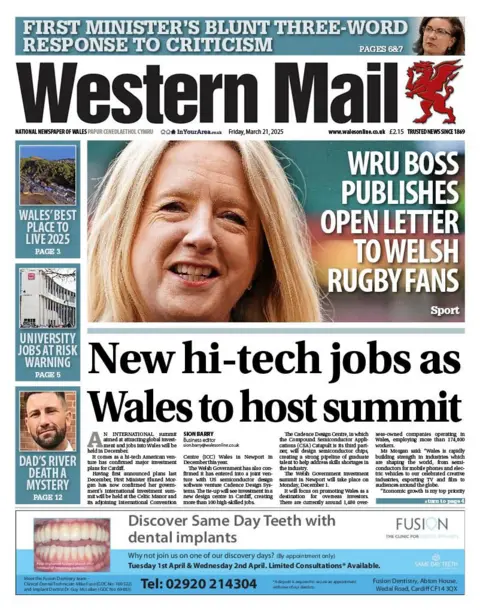 Western Mail Western Mail front page, with a picture of WRU chief executive Abi Tierney wih the headline: "WRU boss publishes open letter to Welsh rugby fans."The main headline reads "New hi-tech jobs as Wales to host summit." 