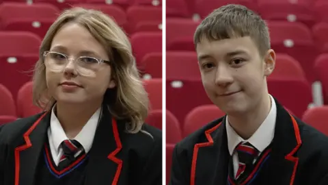 Hannah Karpel / BBC A composite photo of Freya and Thomas. Both are in their school uniforms, looking at the camera and smiling. 