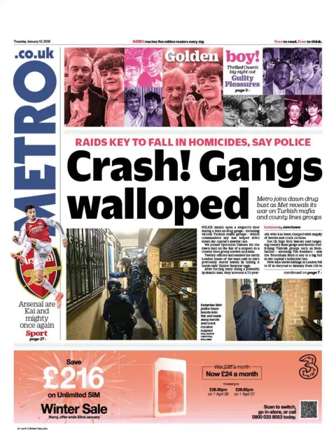 The headline on the front page of the Metro reads: "Crash! Gangs walloped".