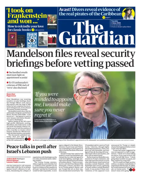 The Guardian front page, with the headline "Mandelson files reveal security briefings before vetting passed" and a photograph of Lord Mandelson walking outside.