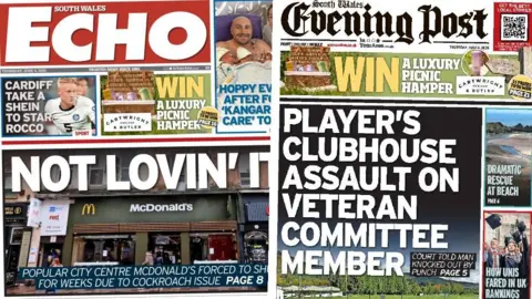 Front pages of the South Wales Echo and South Wales Evening Post