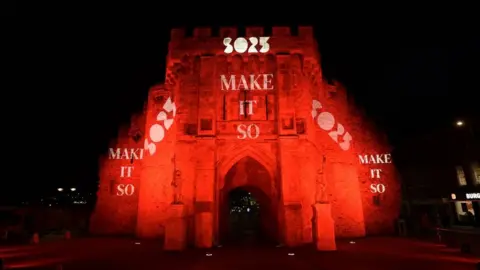 PA Media Southampton's Bargate illuminated red for the Make It So campaign