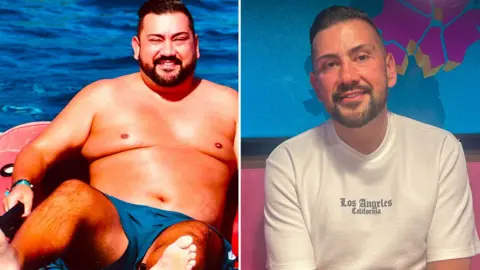 Two photos of Marc McKee. On the left he is wearing blue shorts and sitting on an inflatable device. He has a black beard and black hair. On the right he is wearing a white t-shirt with black font, the background is a wall in the state of us podcast set.