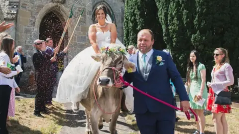 A bride is being led away from the church through the churchyard on a cow, which has a wreath of flowers round its head. The groom is holding onto the lead. There are people lining the path and smiling - some have raised garden forks above their heads in salute