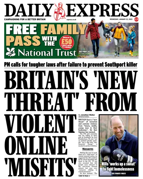 The headline in the Daily Express reads: "Britain's 'new threat' from violent online 'misfits'". 