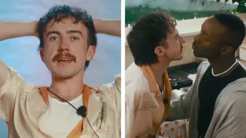 Composite image: left - Jack is sat with his arms behind his head; right - Jack and Baraka go in for a kiss.