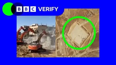 An image showing diggers working in Gaza and a map highlighting potential new aid centres. The BBC Verify colours surround the image and the BBC Verify lozenge is in the top corner. 