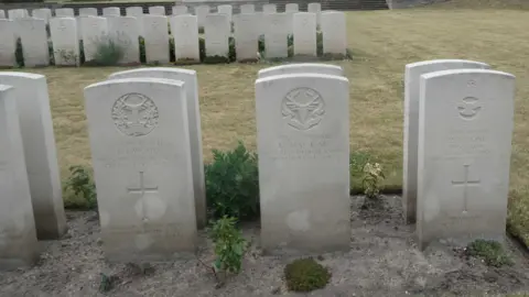 Paul Weindling A neatly-spaced row of white headstones in the Commonwealth War Graves cemetery. They all contain an insignia at the top, a Christian cross and the name of the soldier who died.