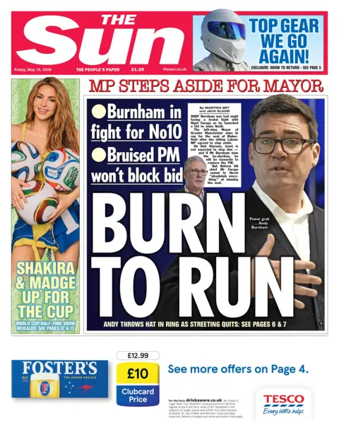 The headline on the front page of the Sun reads: “Burn to run”.