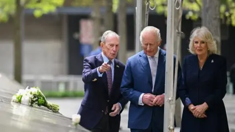 Michael Bloomberg, King Charles III and Queen Camilla during a visit to the 9/11 Memorial and Museum in New York, on day three of the state visit to the US. Picture date: Wednesday April 29, 2026
