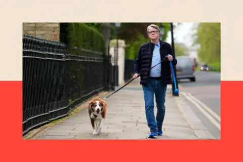 PA Lord Peter Mandelson outside his home in London walking his dog