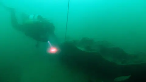 Bournemouth University A diver with air tanks on their back shines a light, red with a white glow at the centre, as they near a long rocky looking base, the remains of a shipwreck. They are in green water, what appears to be a cable extends upwards from the wreck.