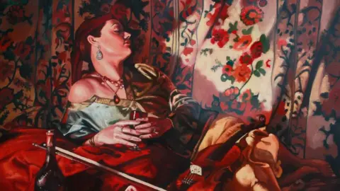 Billy Lockett Painting of woman reclining with a wine bottle alongside flowery curtains