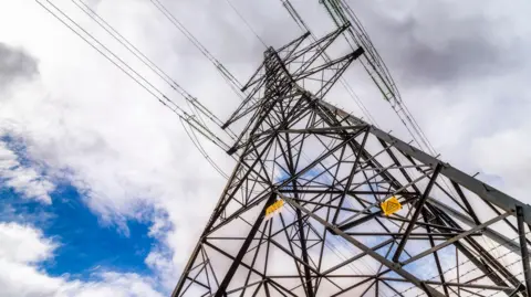 Getty Images A metal electricity pylon stands tall into the sky. The sky is cloudy.