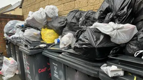 The image shows a row of black bins in Wiltshire, with piles of rubbish bags stacked on top of them