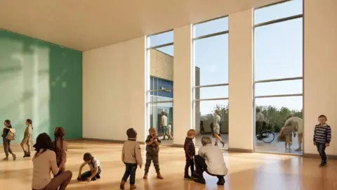 AHR Architects A CGI image showing how the school could look from the inside. Adults and children are in a room, with others visible outside, through windows. 