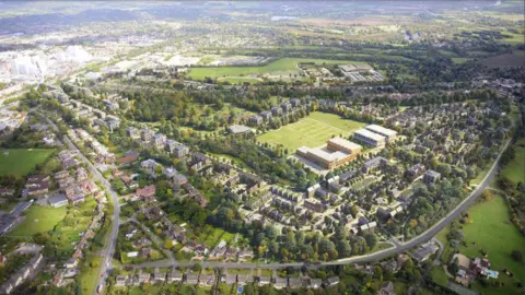 LDA Design An artist's impression of the plans for the Elizabeth Quarter estate on the Maidenhead Golf Club site. It is mainly made up of houses around the edge, with two large buildings and a large grass area in the middle.