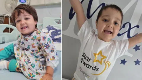 Supplied Two images of Max side-by-side. One shows Max in a hospital bed and the other shows him with his hands in the air. 